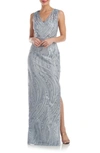 JS COLLECTIONS ROSALYNN EMBROIDERED FLORAL V-NECK COLUMN GOWN