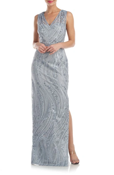 Js Collections Rosalynn Embroidered Floral V-neck Column Gown In Silver