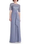 JS COLLECTIONS MEG EMBELLISHED RUFFLE GOWN