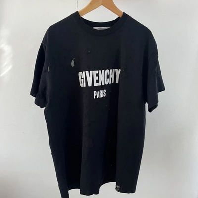 Pre-owned Givenchy Men's Black Logo-print Distressed Cotton T-shirt