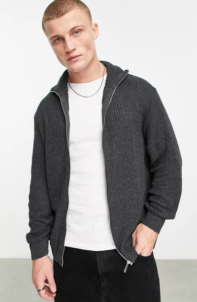 Asos Design Knit Oversized Fisherman Rib Zip Up Sweater In Charcoal-gray