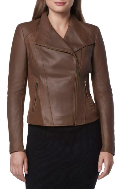 Andrew Marc Felix Leather Moto Jacket With Knit Panels In Sepia