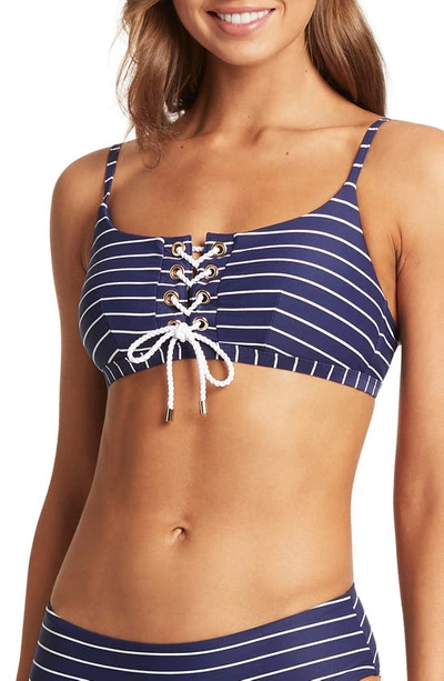 Sea Level Stripe Lace-up Bikini Top In Navy