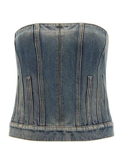 Alexander Mcqueen Faded-wash Contrast-stitch Denim Top In Washed Blue