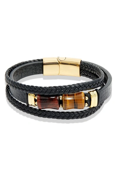 Savvy Cie Jewels Braided Leather Tiger's Eye Bracelet In Black