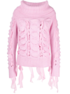 Blumarine Rushed Off-shoulder Knitted Wool Sweater In Pink