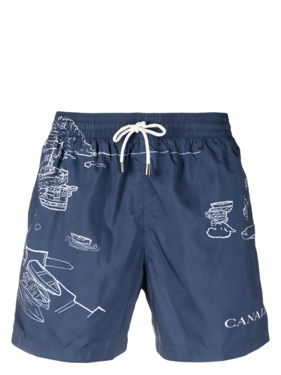 Canali Illustration-print Swim Shorts In Blue