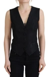 DOLCE & GABBANA DOLCE & GABBANA BLACK BROCADE BUTTON DOWN SLEEVELESS VEST WOMEN'S TOP