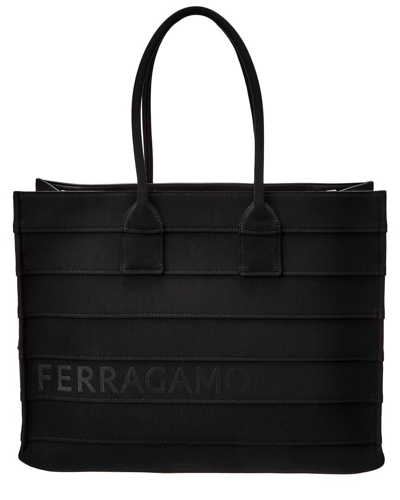 Ferragamo Signature Large Leather-trim Tote In Black