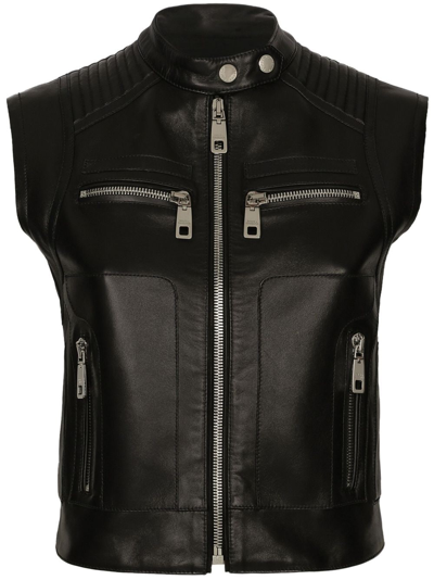 Dolce & Gabbana Logo-plaque Leather Waistcoat In Black