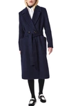 Bernardo Belted Wool Blend Longline Coat In Deep Navy