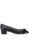 Ferragamo Vara Q Bow-embellished Quilted Patent-leather Pumps In Black