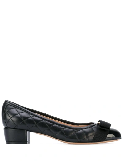 Ferragamo Vara Q Bow-embellished Quilted Patent-leather Pumps In Black
