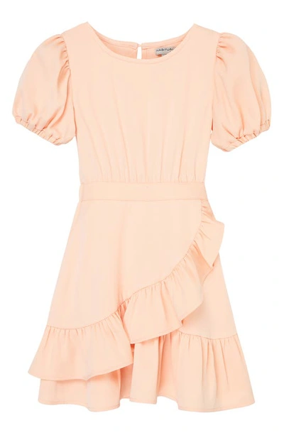 Habitual Kids' Ruffle Puff Sleeve Faux Wrap Dress In Light Peach