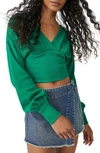 Free People We The Free All Nighter Long Sleeve Surplice Crop Top In Golf Green