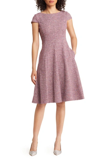 Eliza J Cap Sleeve Tweed Fit & Flare Dress In Wine