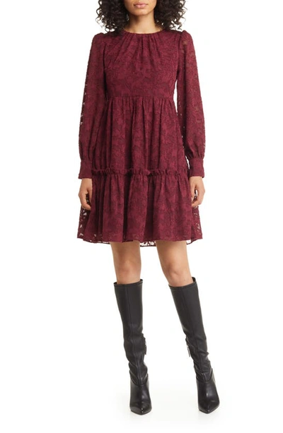 Eliza J Floral Lace Long Sleeve Tiered Dress In Wine