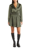 Steve Madden Long Sleeve Satin Mini Shirtdress In Deep Olive