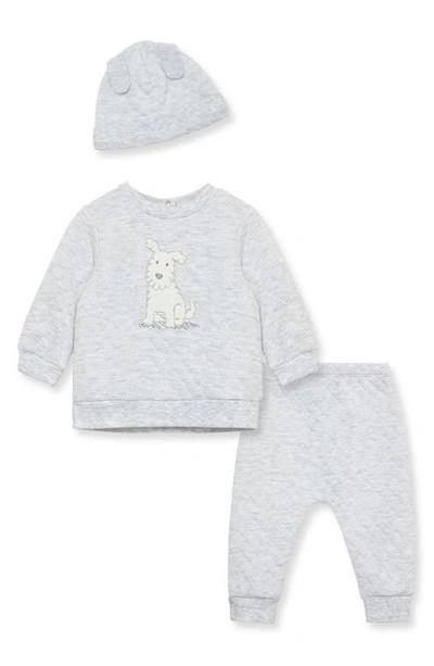Little Me Babies' Quilted Puppy Long Sleeve Top, Joggers And Beanie In Grey