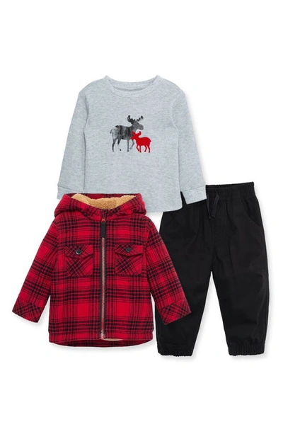 Little Me Babies' Plaid Zip-up Hooded Jacket, Long Sleeve Shirt & Joggers Set In Black