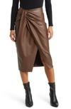 Open Edit Wrap Front Faux Leather Skirt In Brown Pinecone