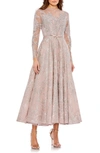 Mac Duggal Embellished Bow Belt Illusion Long Sleeve A Line Dress In Rose