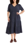 Madewell Lightspun Tiered Button Front Midi Dress In Dark Baltic