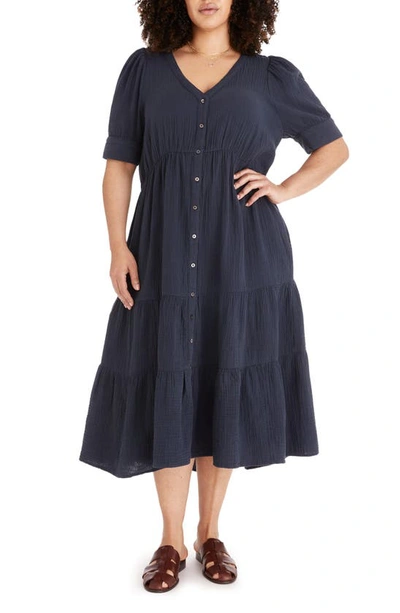 Madewell Lightspun Tiered Button Front Midi Dress In Dark Baltic