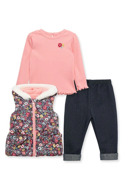 Little Me Babies' Floral Hooded Vest, Long Sleeve Shirt & Leggings In Pink/ Blue