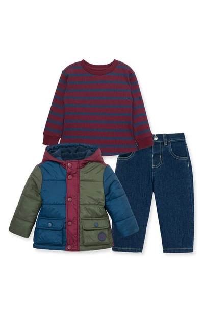 Little Me Babies' Colorblock Jacket, Long Sleeve Thermal Shirt & Jeans Set In Blue