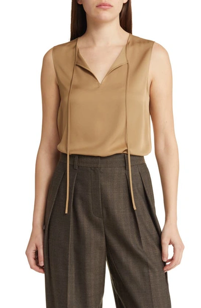 Theory Tie Neck Sleeveless Silk Blouse In New Camel