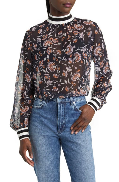 French Connection Eloise Floral Print Crinkled Blouse In Utility Blue Multi