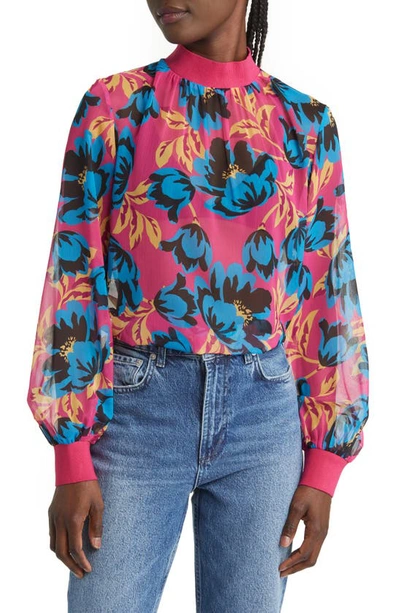 French Connection Eloise Floral Print Crinkled Blouse In Fuschia Blue Jewel