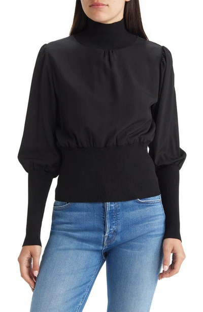 French Connection Krista Rib Trim Mixed Media Turtleneck In Black
