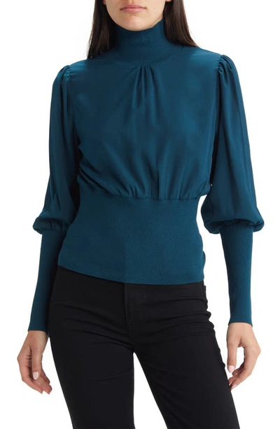 French Connection Krista Rib Trim Mixed Media Turtleneck In Deep Teal