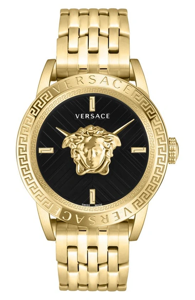 Versace Men's V-code Swiss Ion-plated Gold-tone Stainless Steel Bracelet Watch 43mm In Black/gold