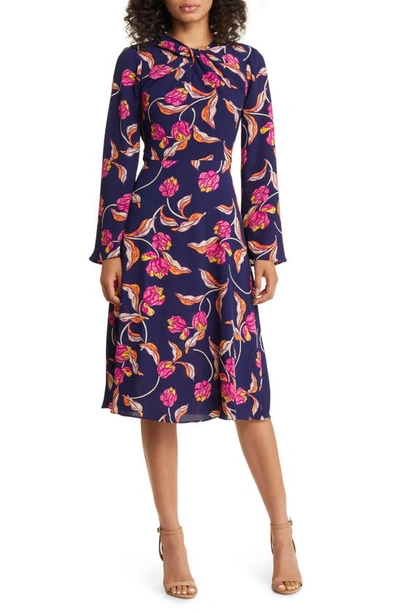 Maggy London Floral Twist Neck Long Sleeve Midi Dress In Navy/ Wine