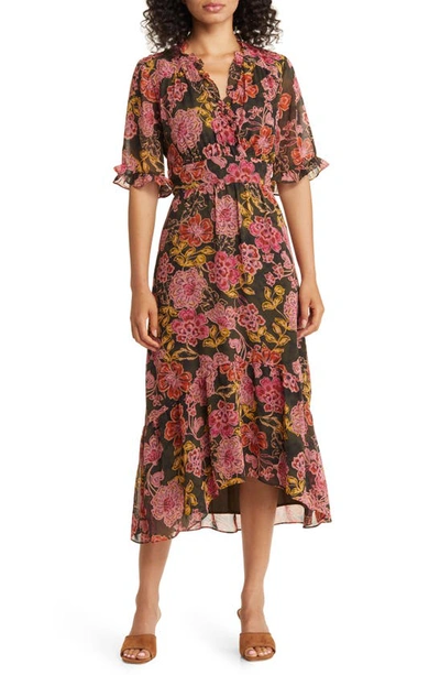 Maggy London Floral Ruffle Faux Wrap Midi Dress In Olive/ Pink Coral
