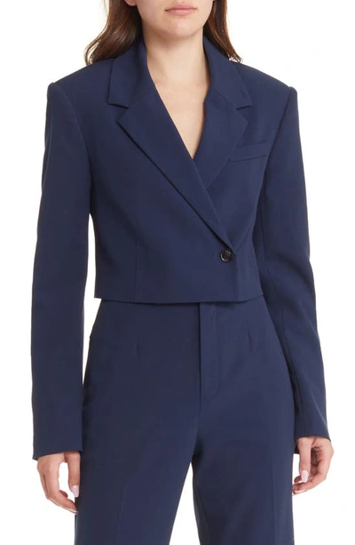 Frame Strong Shoulder Crop Blazer In Navy