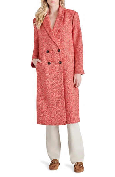 Steve Madden Herringbone Double Breasted Long Coat In Red Herringbone