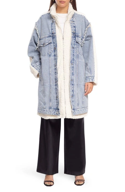 Blanknyc Longline Denim & Faux Shearling Trucker Jacket In Walking On Clouds
