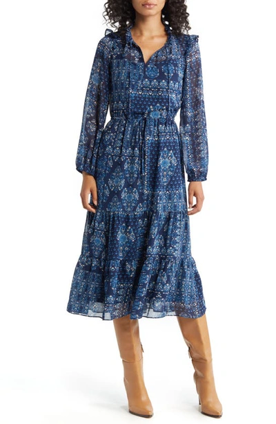 Julia Jordan Tiered Long Sleeve Drawstring Waist Dress In Blue Multi