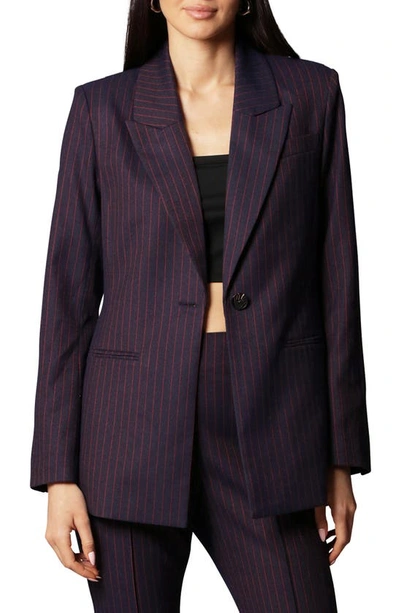 Avec Les Filles Structured Stretch One-button Blazer In Charcoal / Red Pinstripe