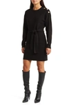 Charles Henry Long Sleeve Belted Mini Sweater Dress In Black