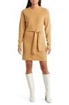 Charles Henry Long Sleeve Belted Mini Sweater Dress In Camel