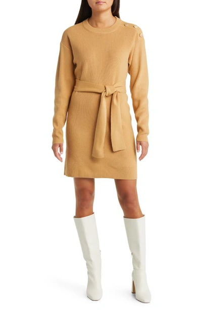 Charles Henry Long Sleeve Belted Mini Sweater Dress In Camel