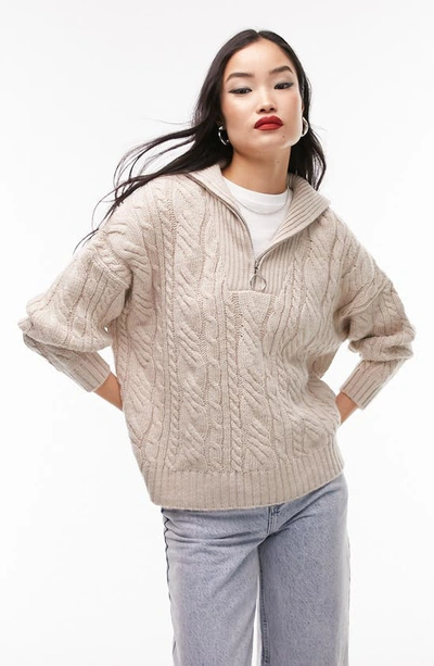 Topshop Cable Knit Half Zip Sweater In Neutral