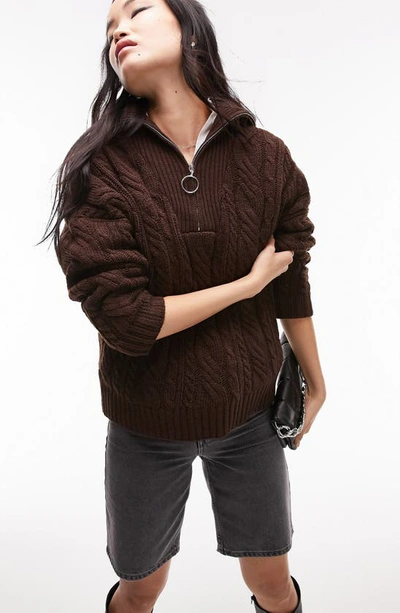 Topshop Cable Knit Half Zip Sweater In Brown