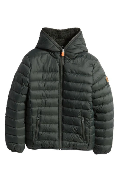 Save The Duck Kids' Lemy Faux Fur Lined Hooded Quilted Jacket In Green Black