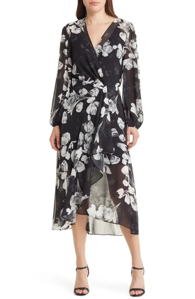 Sam Edelman Long Sleeve Faux Wrap Midi Dress In Black/ White | ModeSens
